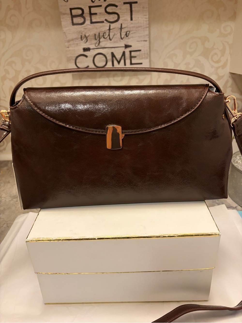 Urban Expressions Shiny Chocolate Brown Shoulder Bag with Gold Accent